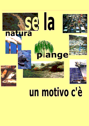 pubblicita ecologista contro l'inquinamento "se la natura piange un motivo c'è"  la natura che piange è il salice e il motivo è spiegato da alcune foto inquinamento,caccia alla balene ,etc...